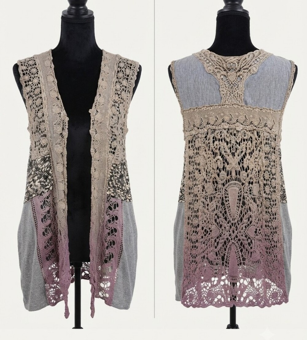 gimmicks by BKE Taupe and Mauve Crochet Open-Front Vest